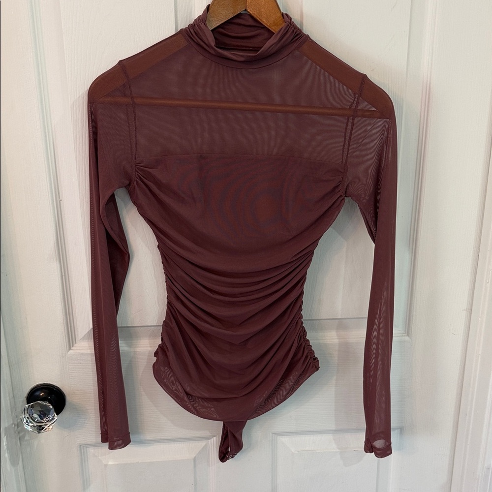 Sheer Long-Sleeve Ruched Bodysuit - Mahogany
